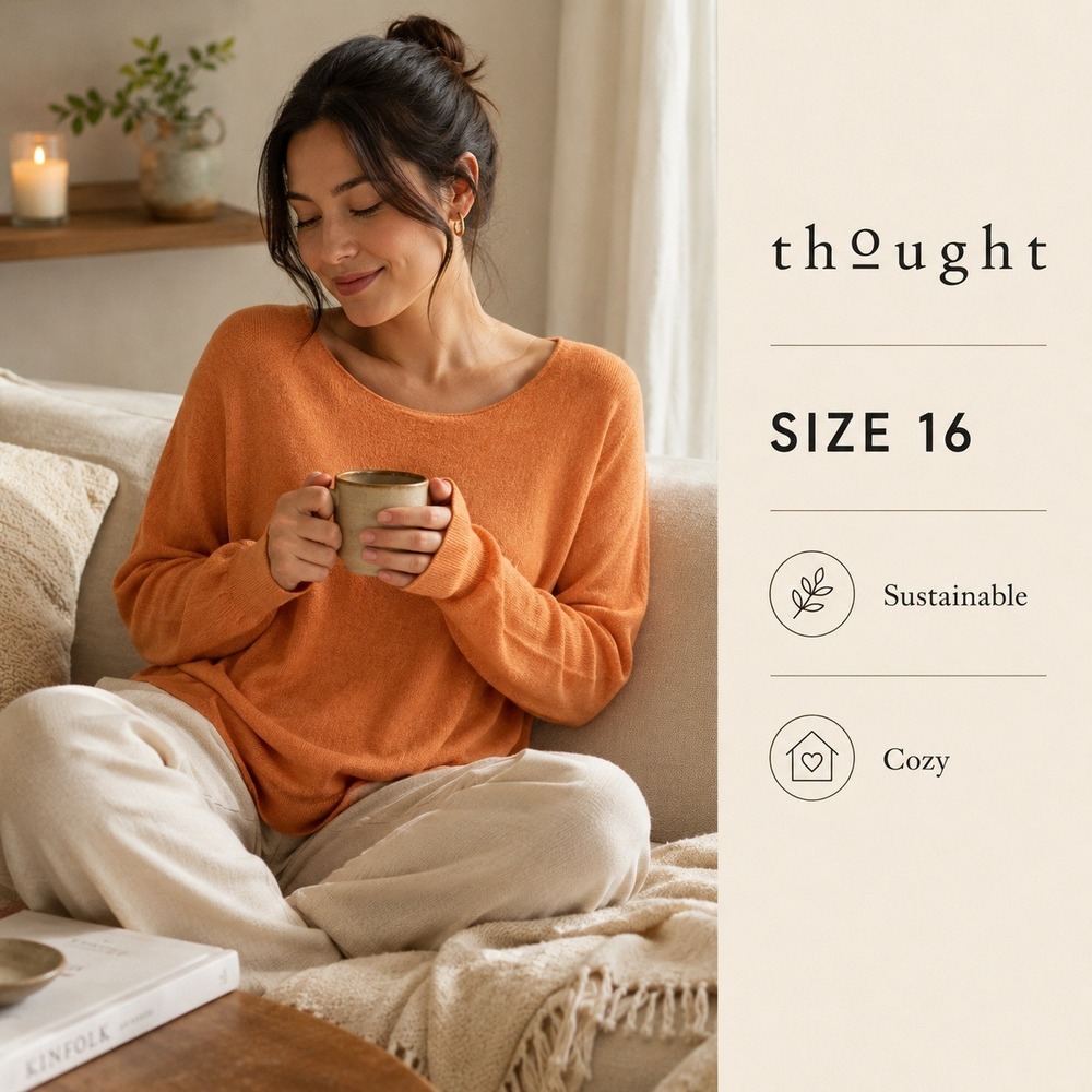 Thought Batwing Sweater Women 16 Orange Relaxed Knit Boat Neck Wool Blend‎ Cozy